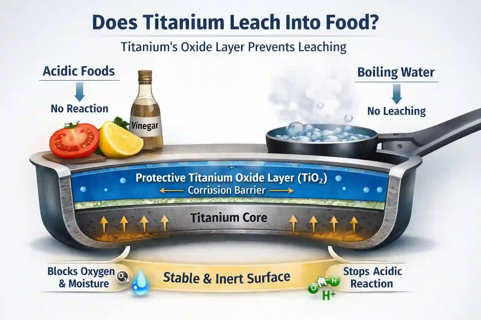 Titanium cookware oxide layer preventing metal leaching into food