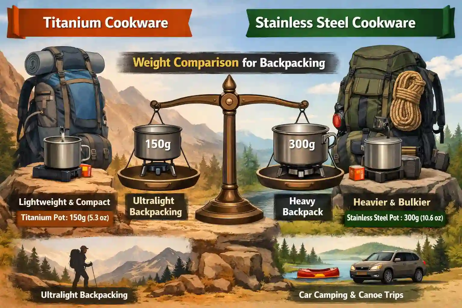Titanium vs stainless steel cookware weight comparison for backpacking