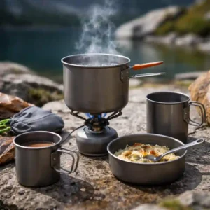 titanium camping cookware ultralight outdoor cooking setup boiling water
