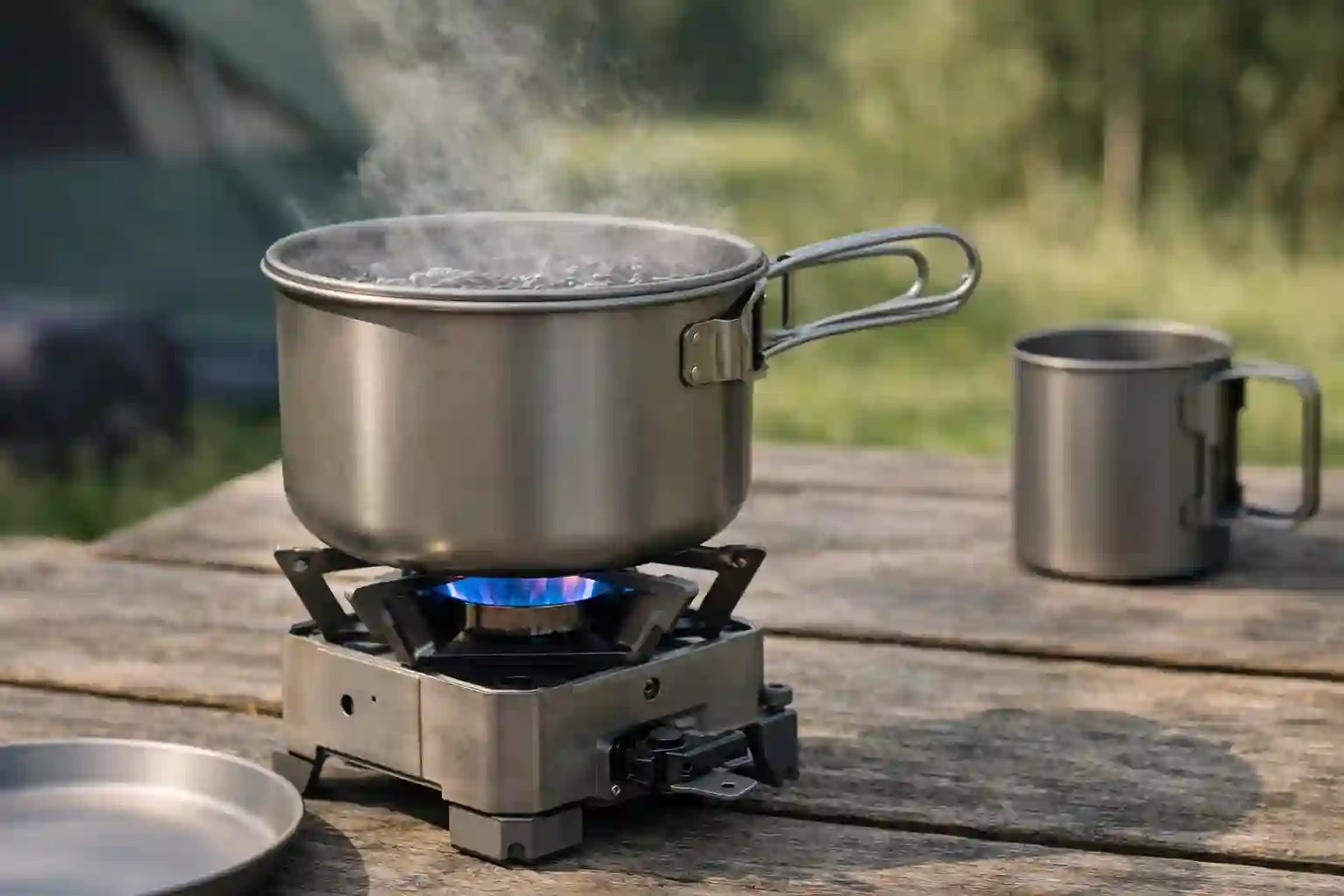 titanium camping stove and pot boiling water outdoors