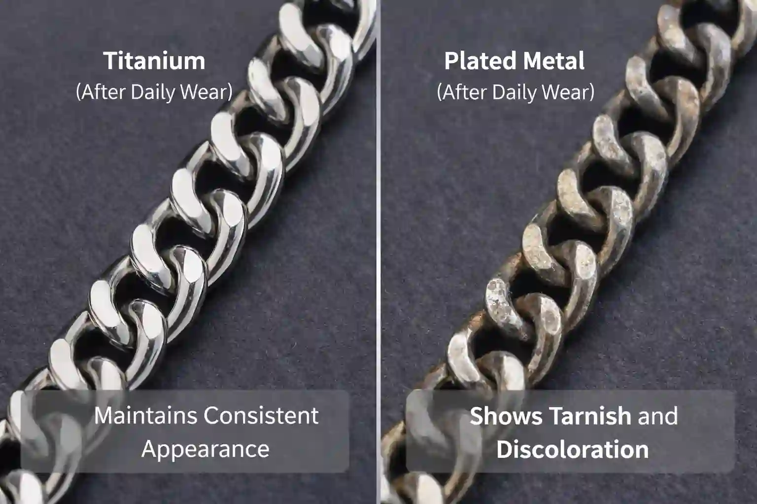 titanium chain vs plated metal chain showing tarnish and discoloration after daily wear